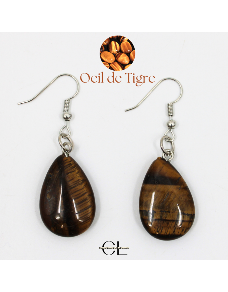 Boucles d'oreilles avec pierre Oeil de Tigre A en forme de goutte 25mm