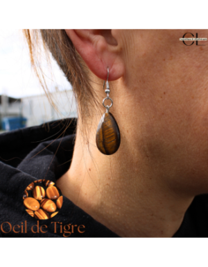 Boucles d'oreilles avec pierre Oeil de Tigre A en forme de goutte 25mm