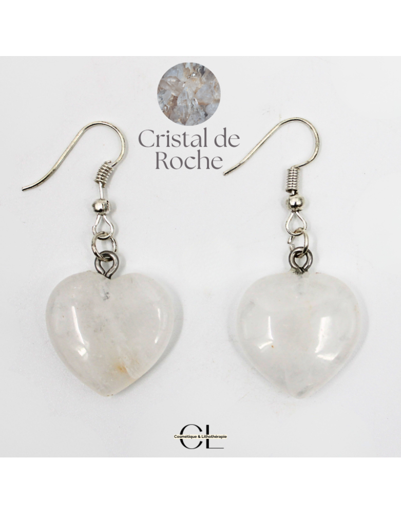 Boucles d'oreilles avec pierre Cristal de Roche AB en forme de coeur 20mm