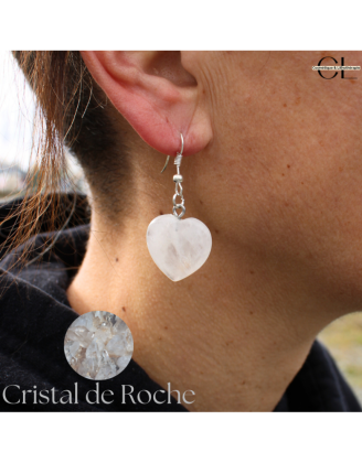 Boucles d'oreilles avec pierre Cristal de Roche AB en forme de coeur 20mm