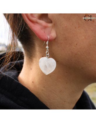 Boucles d'oreilles avec pierre Cristal de Roche AB en forme de coeur 20mm