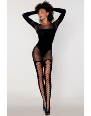 Bodystocking manches longues effet body et bas noir 