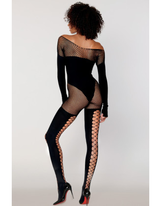 Bodystocking manches longues effet body et bas noir 