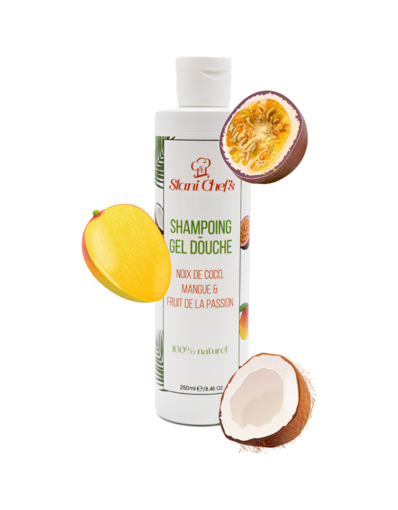 2en 1Gel douche corps et shampoing à la noix de coco, mangue  fruit de la passion - 250ml 100% naturel