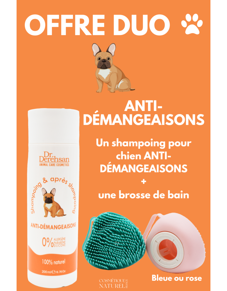 Shampoing pour chien 200ml  brosse de bain - OFFRE DUO - ANTI-DÉMANGEAISONS
