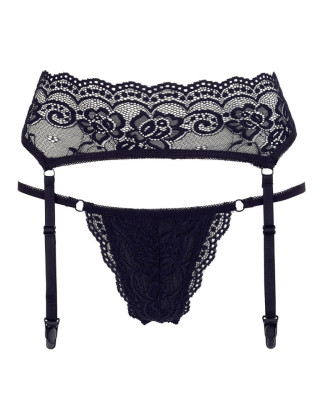 Porte-jarretelles en dentelle noire et string assorti