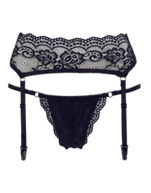 Porte-jarretelles en dentelle noire et string assorti