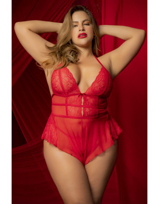 Body rouge grande taille effet babydoll et string assorti