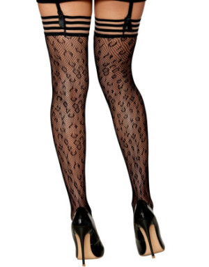 Bas résille dessin léopard avec jarretières noires/transparentes