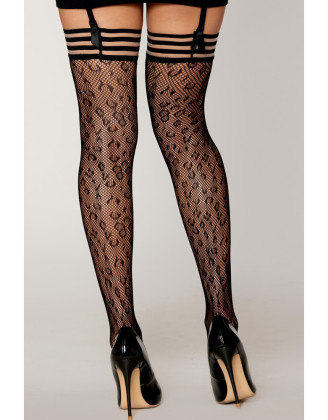 Bas résille dessin léopard avec jarretières noires/transparentes