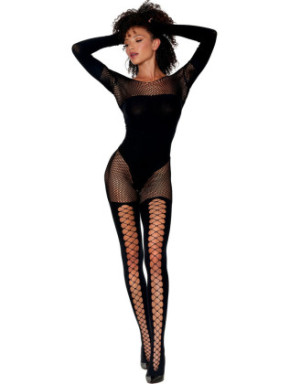 Bodystocking manches longues effet body et bas noir
