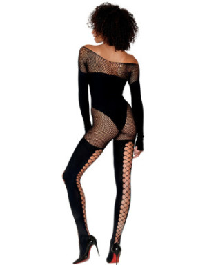 Bodystocking manches longues effet body et bas noir