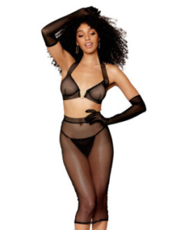 Ensemble 2 pièces, soutien gorge et jupe longue transparente noir