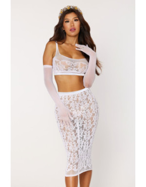 Ensemble 2 pièces, brassière résille fantaisie et jupe longue assorti