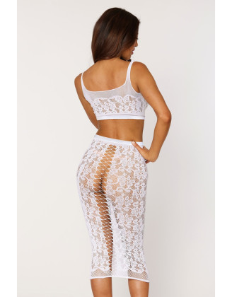 Ensemble 2 pièces, brassière résille fantaisie et jupe longue assorti