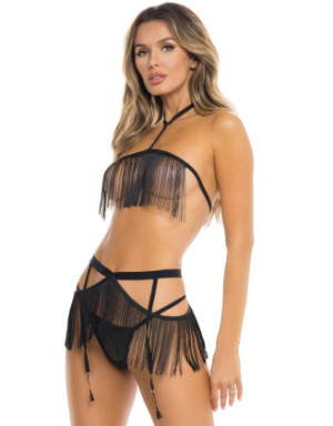 Ensemble 3 pièces noir comprenant haut à franges, jupette et string assorti