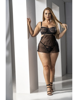 Ensemble lingerie résille, grande taille, noir 2 en 1