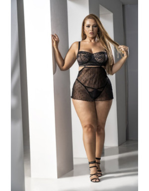 Ensemble lingerie résille, grande taille, noir 2 en 1