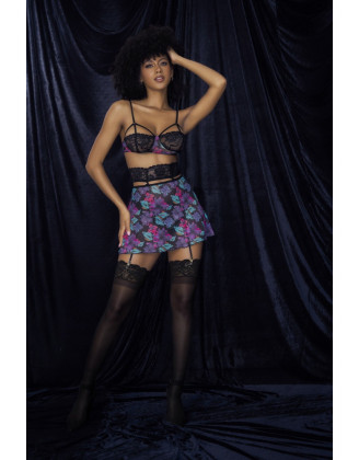 Deux-en-un, nuisette et ensemble trois pièces noir, tissu fleur exotique