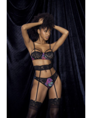 Deux-en-un, nuisette et ensemble trois pièces noir, tissu fleur exotique
