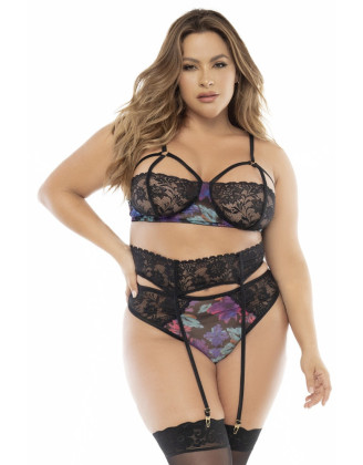 Deux-en-un, nuisette et ensemble trois pièces noir, grande taille, tissu fleur exotique