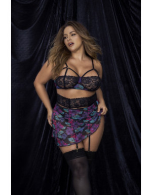 Deux-en-un, nuisette et ensemble trois pièces noir, grande taille, tissu fleur exotique