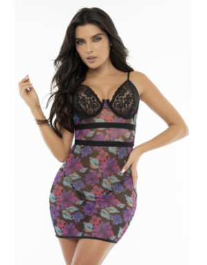 Nuisette résille et dentelle Noire imprimé fleur exotique 