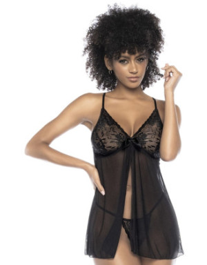 Babydoll en dentelle et résille noire ouvert sur le devant