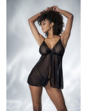 Babydoll en dentelle et résille noire ouvert sur le devant