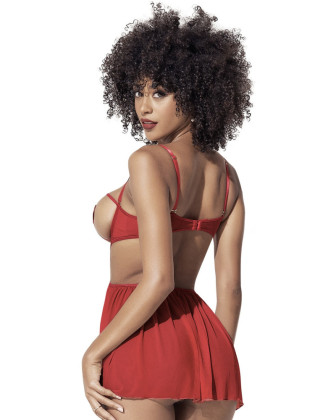 Nuisette fine résille rouge avec bonnets ouverts et string 