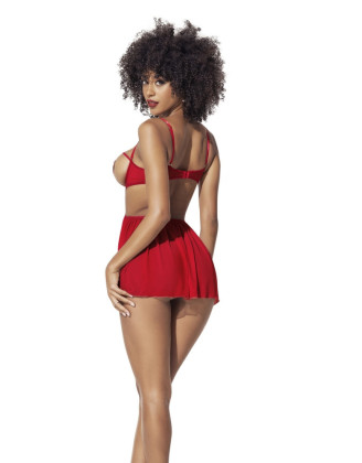 Nuisette fine résille rouge avec bonnets ouverts et string 
