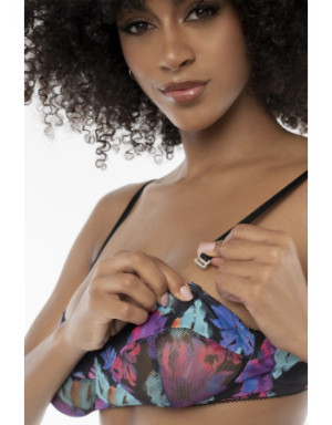 Ensemble trois pièces noir imprimé fleurs exotiques