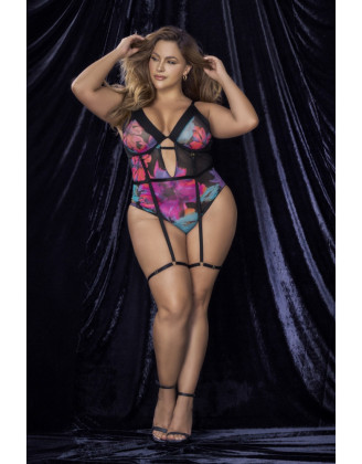 Body noir, grande taille, imprimé fleurs exotiques