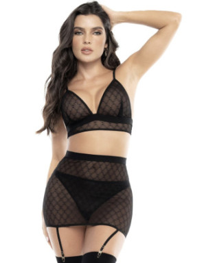 Soutien-gorge, string et jupe résille noire 