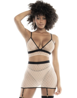 Soutien-gorge, string et jupe résille Chair/Noire