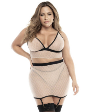 Soutien-gorge, string et jupe, grande taille, résille Chair/Noire