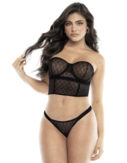 Bustier en résille noire sans bretelles et string assorti
