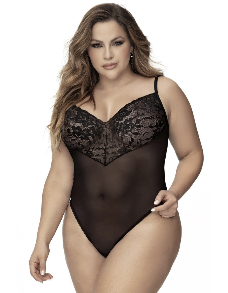 Body, grande taille, noir en dentelle et résille noire