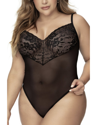 Body, grande taille, noir en dentelle et résille noire