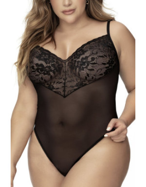 Body, grande taille, noir en dentelle et résille noire