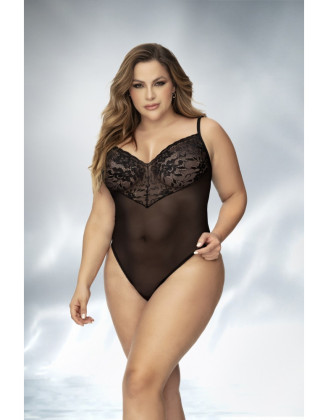 Body, grande taille, noir en dentelle et résille noire