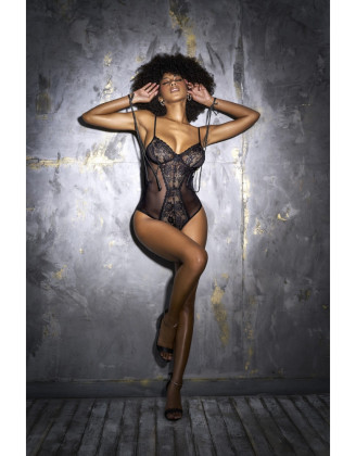 Body en dentelle et résille noire avec cordons d'attache