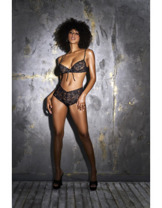 Soutien-gorge et shorty laçage dentelle florale noire