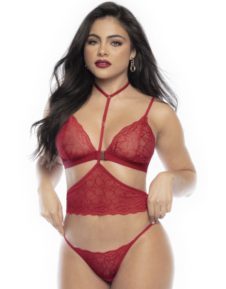 Ensemble lingerie trois pièces en dentelle rouge imprimée de cœurs