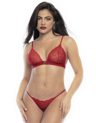 Ensemble lingerie trois pièces en dentelle rouge imprimée de cœurs
