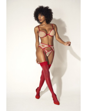 Ensemble lingerie sexy trois pièces chair et rouge