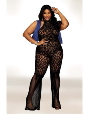 bodystocking en dentelle au crochet sans couture, grande taille, résille noire