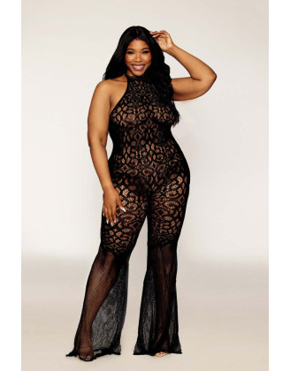 bodystocking en dentelle au crochet sans couture, grande taille, résille noire