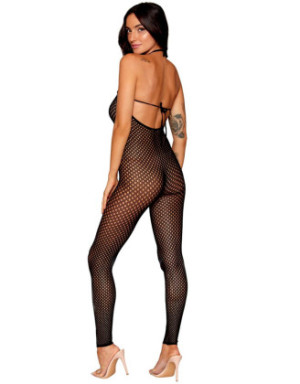 Bodystocking en résille noire, sans couture, avec large décolleté à armature 
