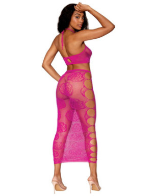 Ensemble Soutien-gorge et jupe longue en filet rose